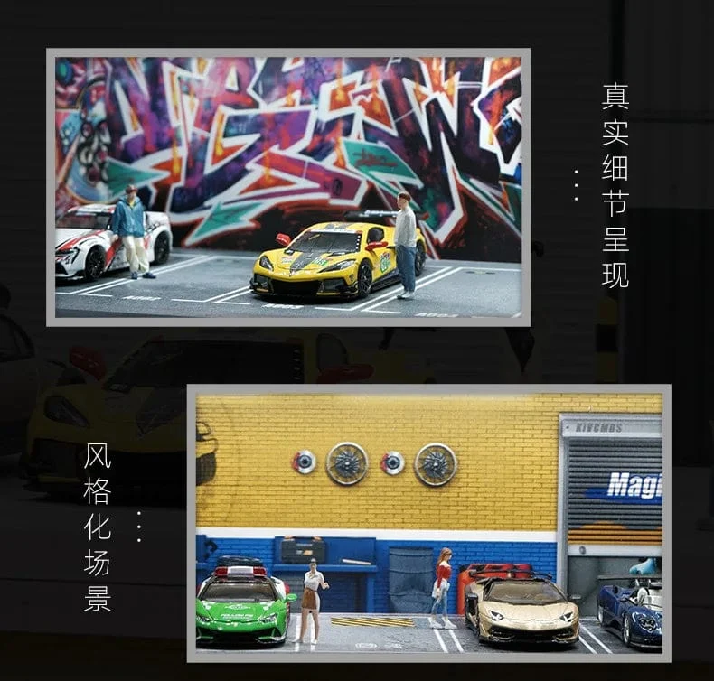 1/64 simuliertes Parkplatzmodell, Miniaturszene, Parkplatz, PVC-Baugruppe mit beleuchtetem Parkplatzmodell, Anzeigerahmen