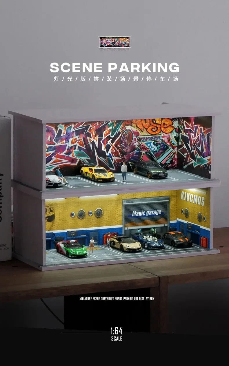 1/64 simuliertes Parkplatzmodell, Miniaturszene, Parkplatz, PVC-Baugruppe mit beleuchtetem Parkplatzmodell, Anzeigerahmen