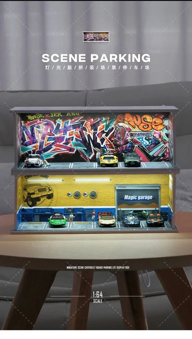 1/64 simuliertes Parkplatzmodell, Miniaturszene, Parkplatz, PVC-Baugruppe mit beleuchtetem Parkplatzmodell, Anzeigerahmen