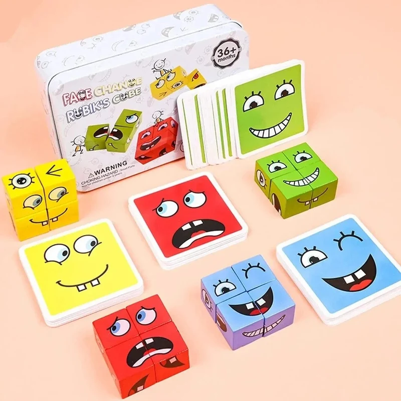 Kinder Emotionen Ausdruck Spiel Holz Würfel Gesicht Ändern Bord Cartoon Puzzle Spielzeug Montessori Denken Herausforderung Spiele