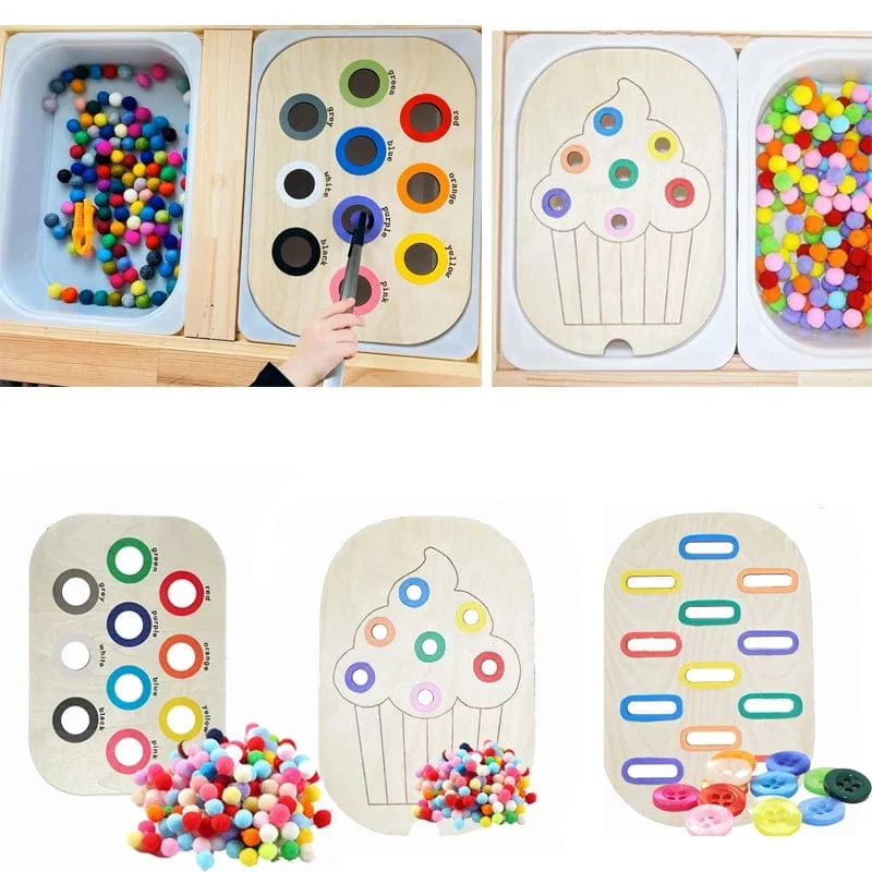 Sensorisches Tablett für Kinder, Tisch, Farbe, Haarballen, Spiel aus Holzfliesen, Montessori-Spielzeug für die frühe Bildung, Kinderspielzeug, pädagogisches Zubehör