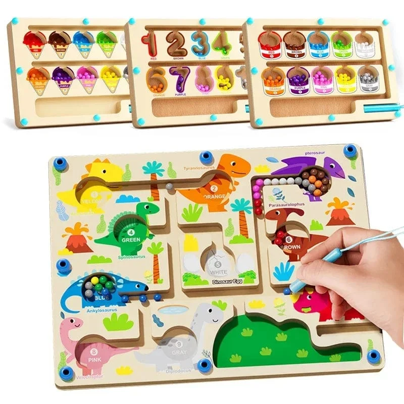 Montessori Magnetische Farbsortierspiele, Labyrinthbrett, Stift- und Perlenspiele mit beweglichen Holzsteuerungen, sensorisches Spielen, Lernspielzeug für Kinder