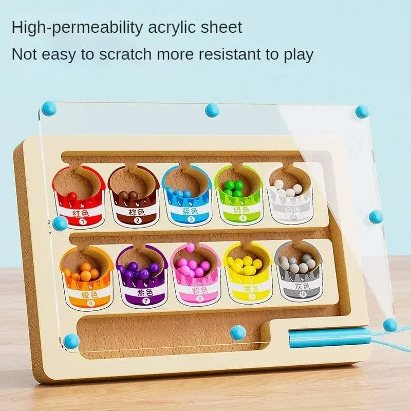 Montessori Magnetische Farbsortierspiele, Labyrinthbrett, Stift- und Perlenspiele mit beweglichen Holzsteuerungen, sensorisches Spielen, Lernspielzeug für Kinder