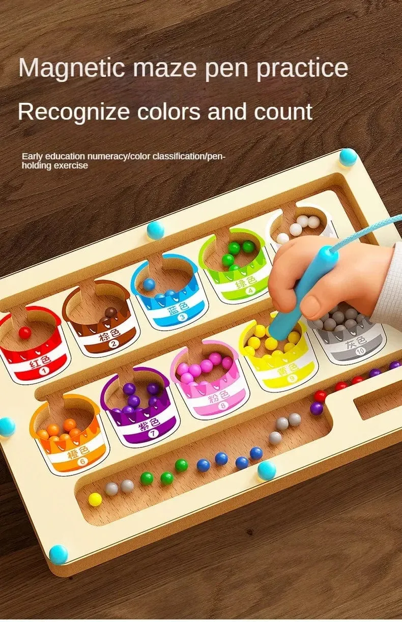 Montessori Magnetische Farbsortierspiele, Labyrinthbrett, Stift- und Perlenspiele mit beweglichen Holzsteuerungen, sensorisches Spielen, Lernspielzeug für Kinder