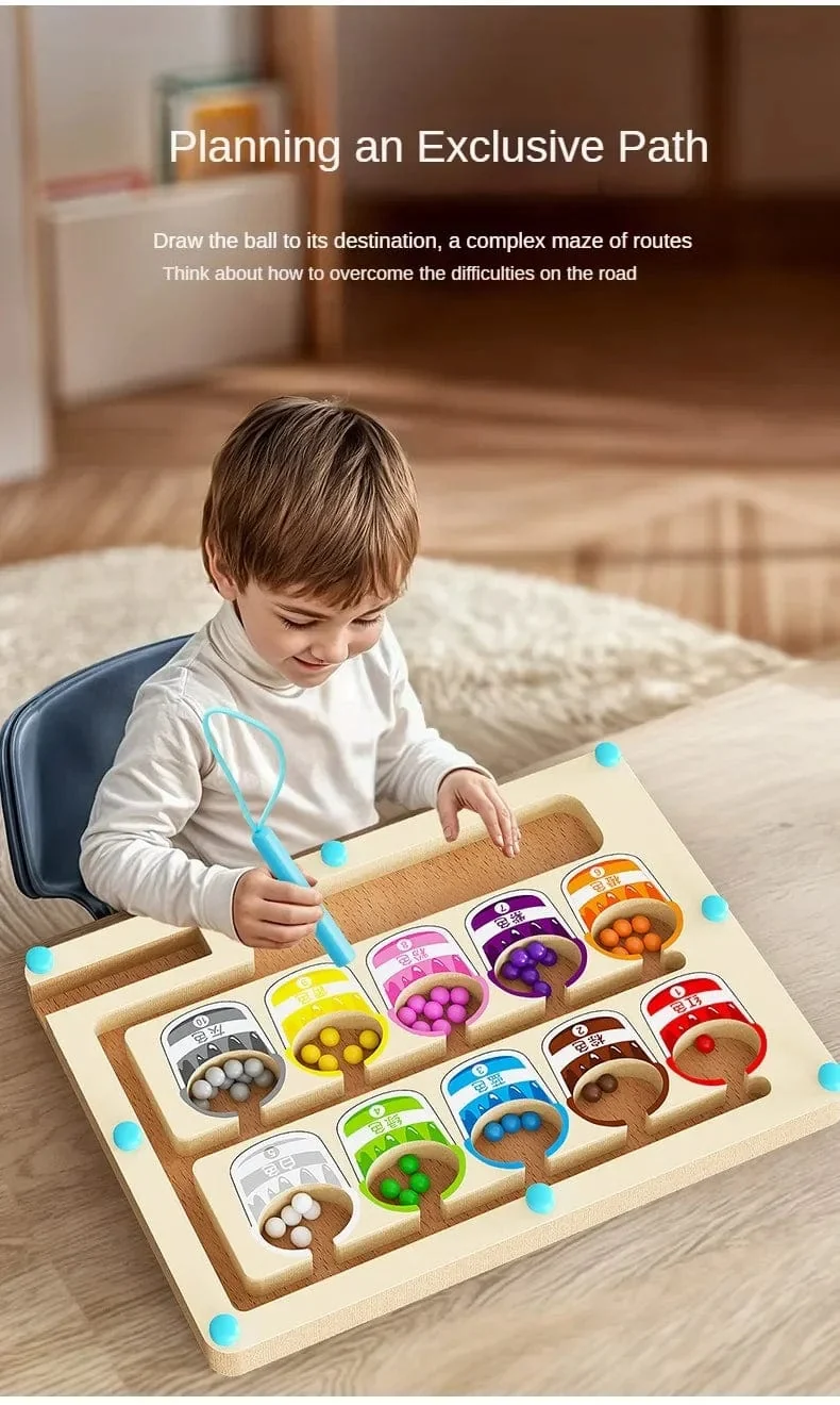 Montessori Magnetische Farbsortierspiele, Labyrinthbrett, Stift- und Perlenspiele mit beweglichen Holzsteuerungen, sensorisches Spielen, Lernspielzeug für Kinder