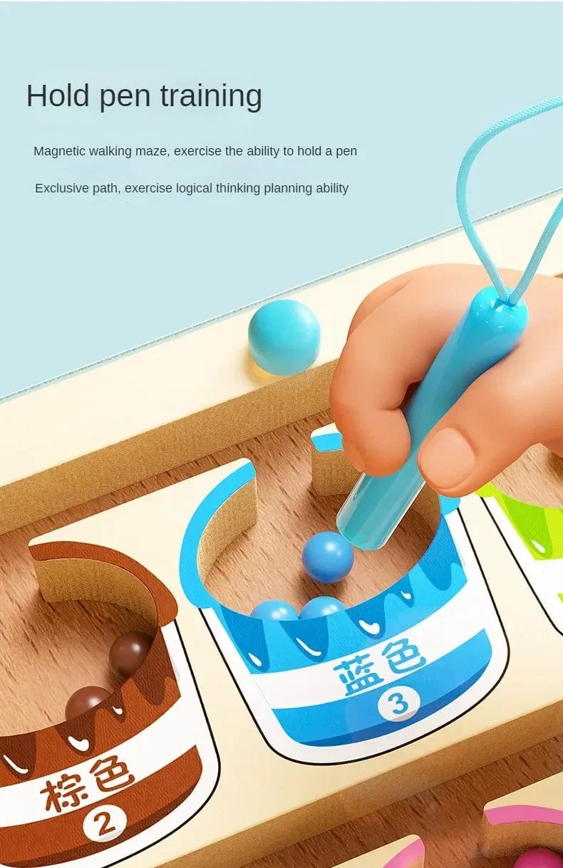 Montessori Magnetische Farbsortierspiele, Labyrinthbrett, Stift- und Perlenspiele mit beweglichen Holzsteuerungen, sensorisches Spielen, Lernspielzeug für Kinder