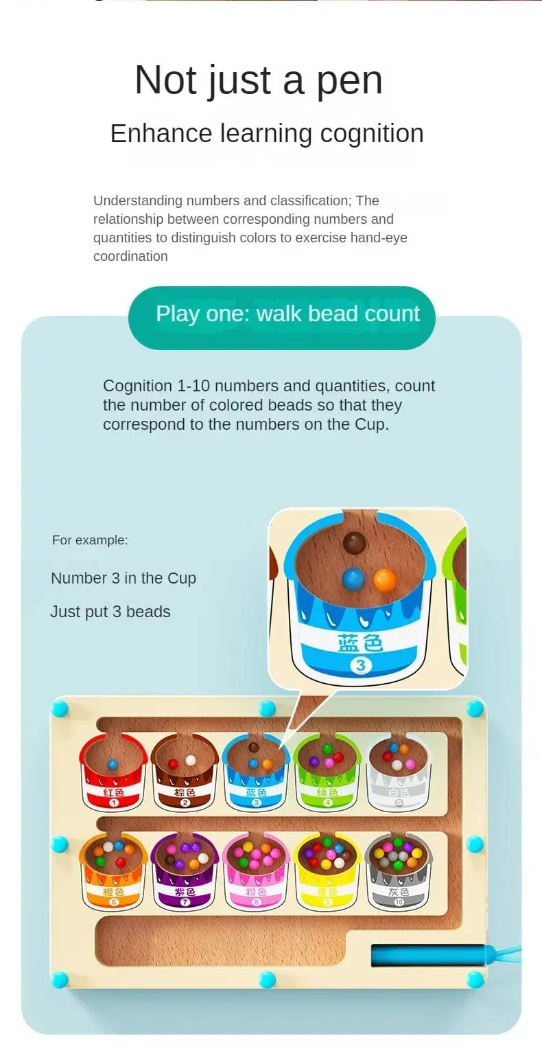Montessori Magnetische Farbsortierspiele, Labyrinthbrett, Stift- und Perlenspiele mit beweglichen Holzsteuerungen, sensorisches Spielen, Lernspielzeug für Kinder