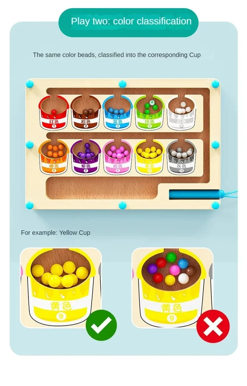 Montessori Magnetische Farbsortierspiele, Labyrinthbrett, Stift- und Perlenspiele mit beweglichen Holzsteuerungen, sensorisches Spielen, Lernspielzeug für Kinder