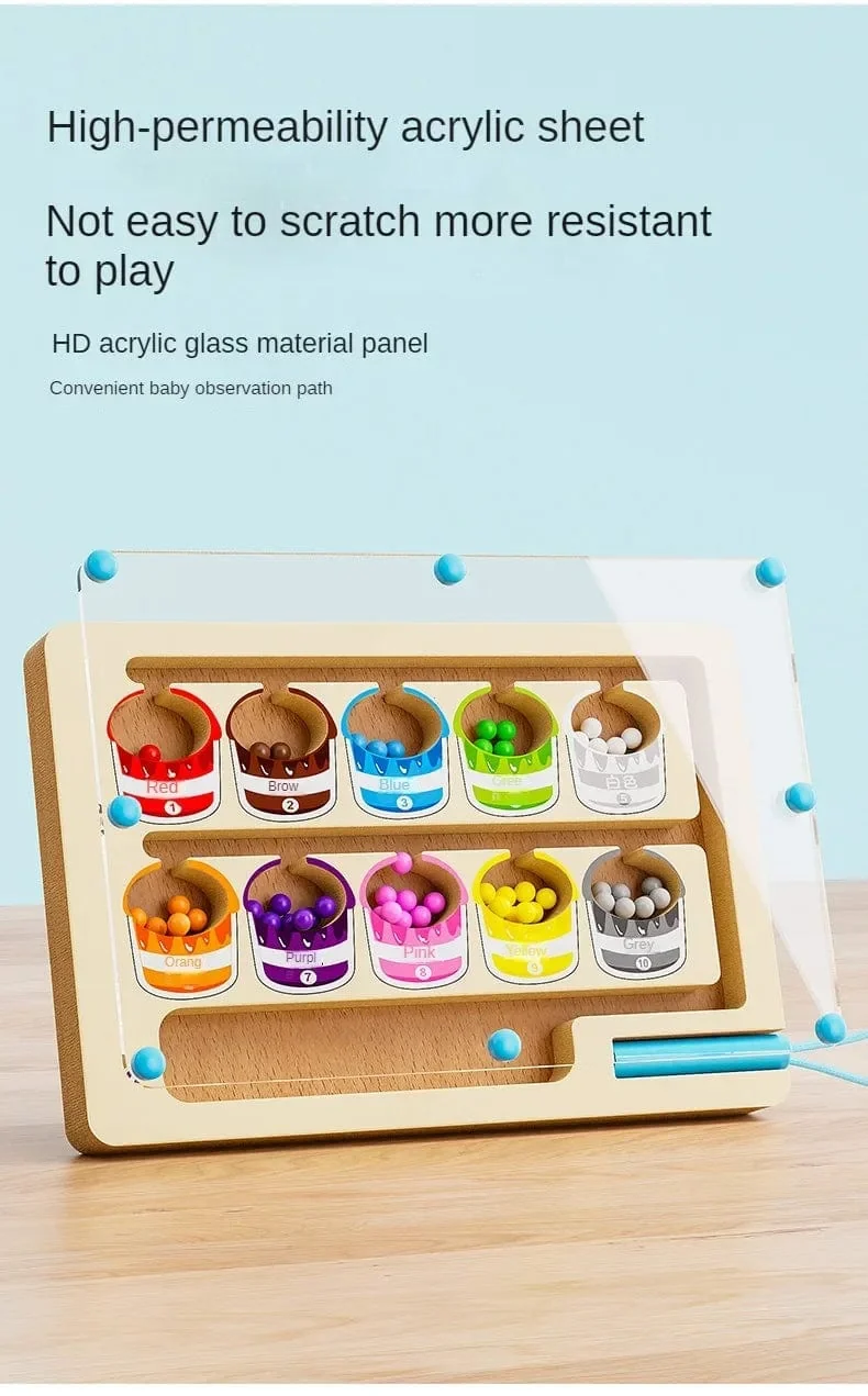 Montessori Magnetische Farbsortierspiele, Labyrinthbrett, Stift- und Perlenspiele mit beweglichen Holzsteuerungen, sensorisches Spielen, Lernspielzeug für Kinder