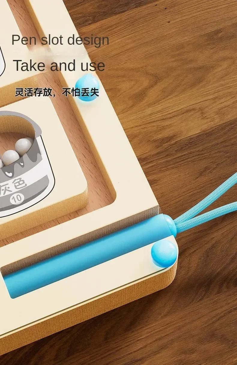 Montessori Magnetische Farbsortierspiele, Labyrinthbrett, Stift- und Perlenspiele mit beweglichen Holzsteuerungen, sensorisches Spielen, Lernspielzeug für Kinder