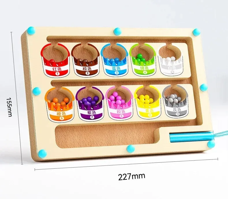 Montessori Magnetische Farbsortierspiele, Labyrinthbrett, Stift- und Perlenspiele mit beweglichen Holzsteuerungen, sensorisches Spielen, Lernspielzeug für Kinder