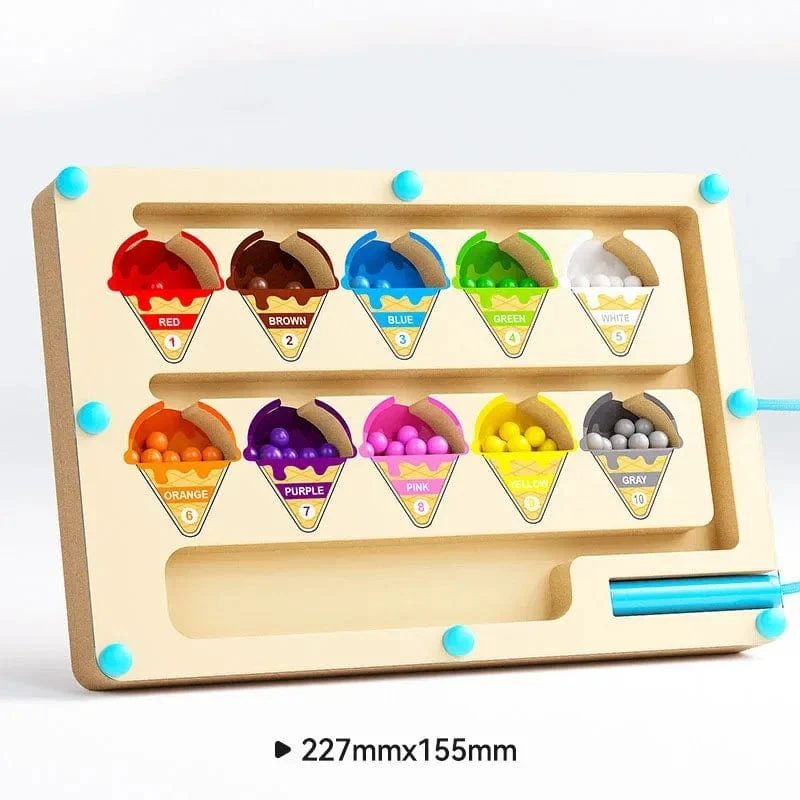 Montessori Magnetische Farbsortierspiele, Labyrinthbrett, Stift- und Perlenspiele mit beweglichen Holzsteuerungen, sensorisches Spielen, Lernspielzeug für Kinder