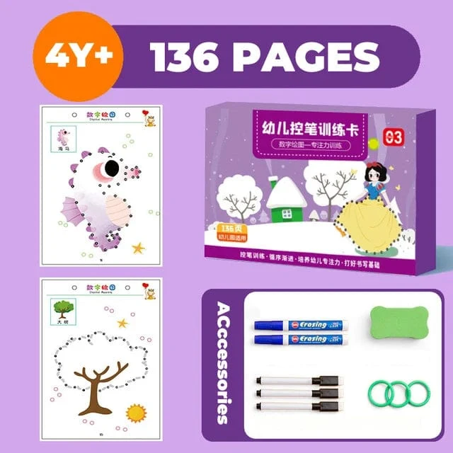 136-seitiges Montessori-Zeichenspielzeug für Kinder: Stiftführungstraining, Farben, Formen, Mathematik, Zuordnungsspiele, Lernspielzeug für Kleinkinder, Lernspielzeug für Kleinkinder