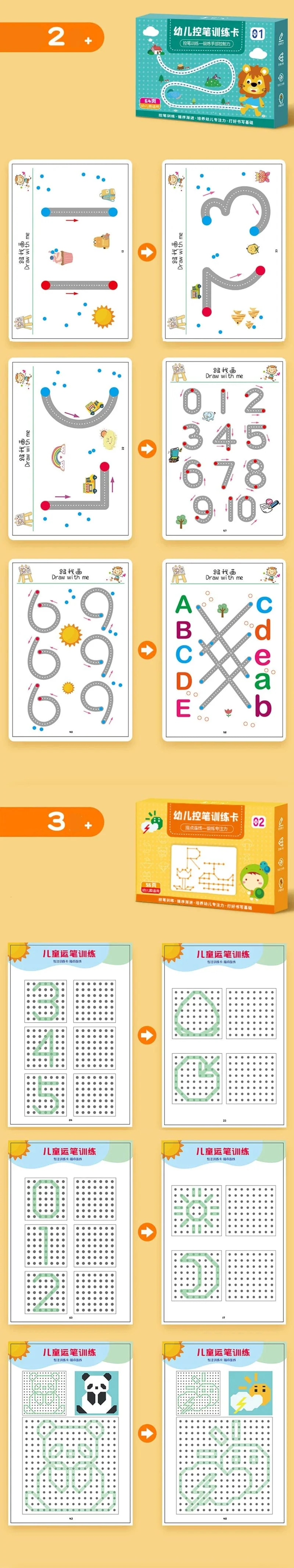 136-seitiges Montessori-Zeichenspielzeug für Kinder: Stiftführungstraining, Farben, Formen, Mathematik, Zuordnungsspiele, Lernspielzeug für Kleinkinder, Lernspielzeug für Kleinkinder
