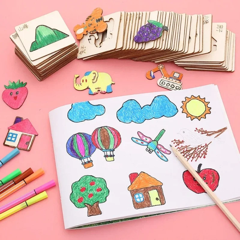 32/20 Stücke Kinder Montessori Zeichenspielzeug Aus Holz DIY Malvorlage Schablonen Lernspielzeug für Kinder Lustige Lerngeschenke