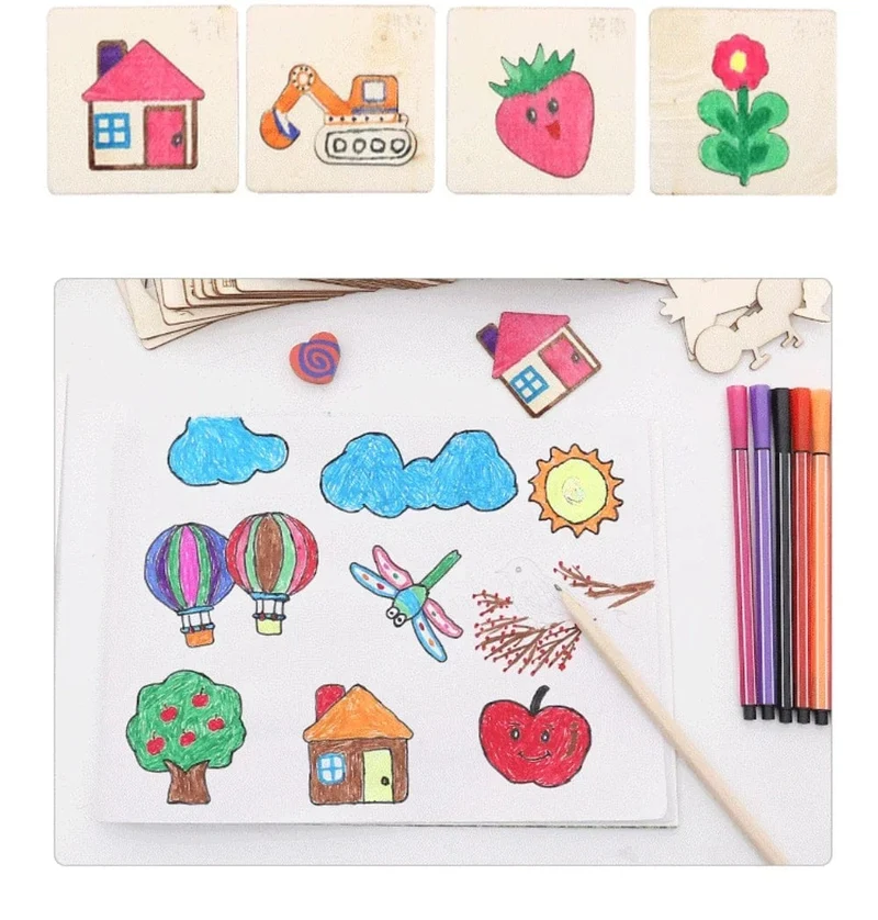 32/20 Stücke Kinder Montessori Zeichenspielzeug Aus Holz DIY Malvorlage Schablonen Lernspielzeug für Kinder Lustige Lerngeschenke