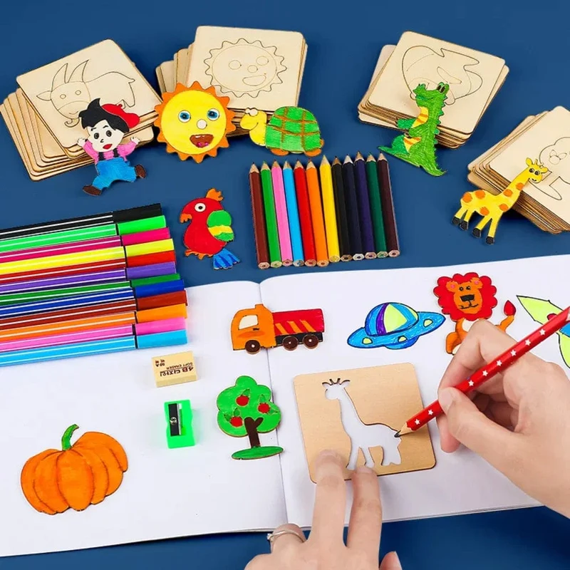 32/20 Stücke Kinder Montessori Zeichenspielzeug Aus Holz DIY Malvorlage Schablonen Lernspielzeug für Kinder Lustige Lerngeschenke