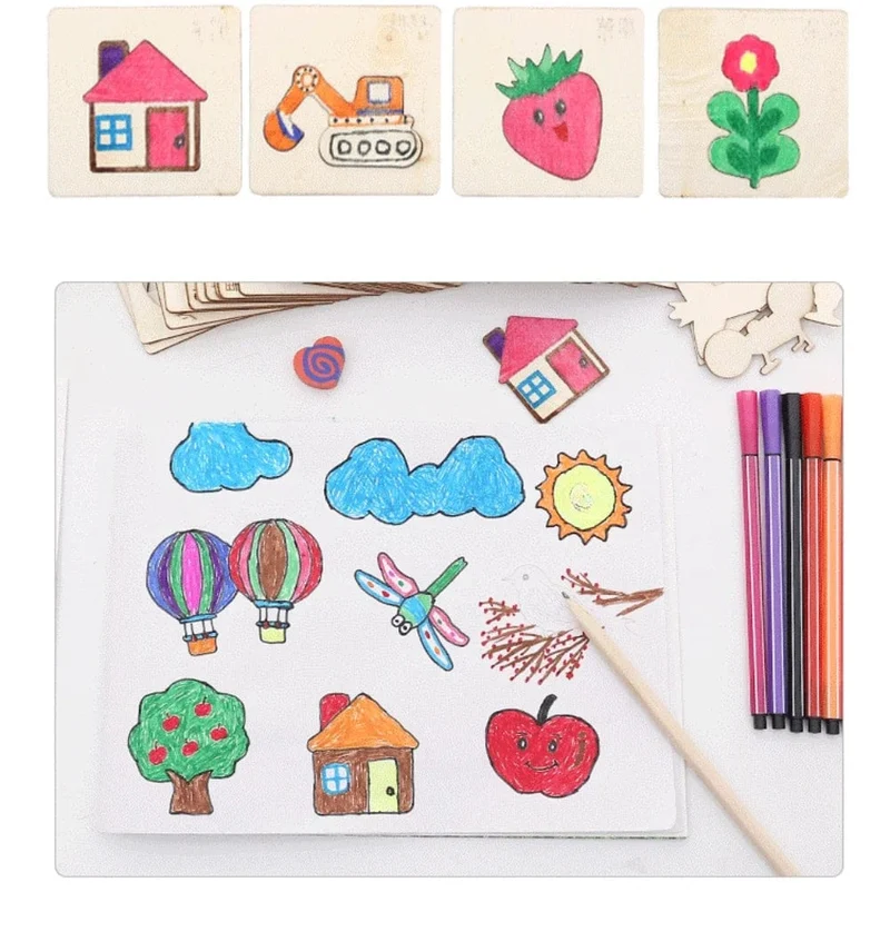 32/20 Stücke Kinder Montessori Zeichenspielzeug Aus Holz DIY Malvorlage Schablonen Lernspielzeug für Kinder Lustige Lerngeschenke