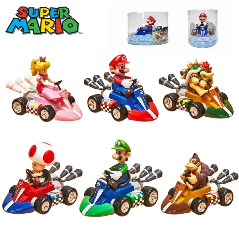 Super Mario Bros Karting Luigi Bowser Prinzessin Peach Yoshi Toad Actionfigur Spielzeug Pull Back Auto Anime Spiel Puppe Geschenke für Kinder