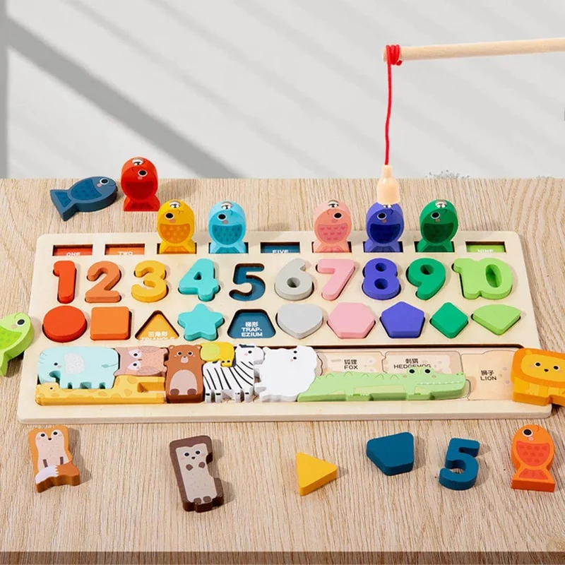 Montessori-Spielzeug für Kleinkinder, Form- und Zahlenabgleich, Angelspiel, Tierpuzzle, um die Feinmotorik von Jungen und Mädchen zu trainieren