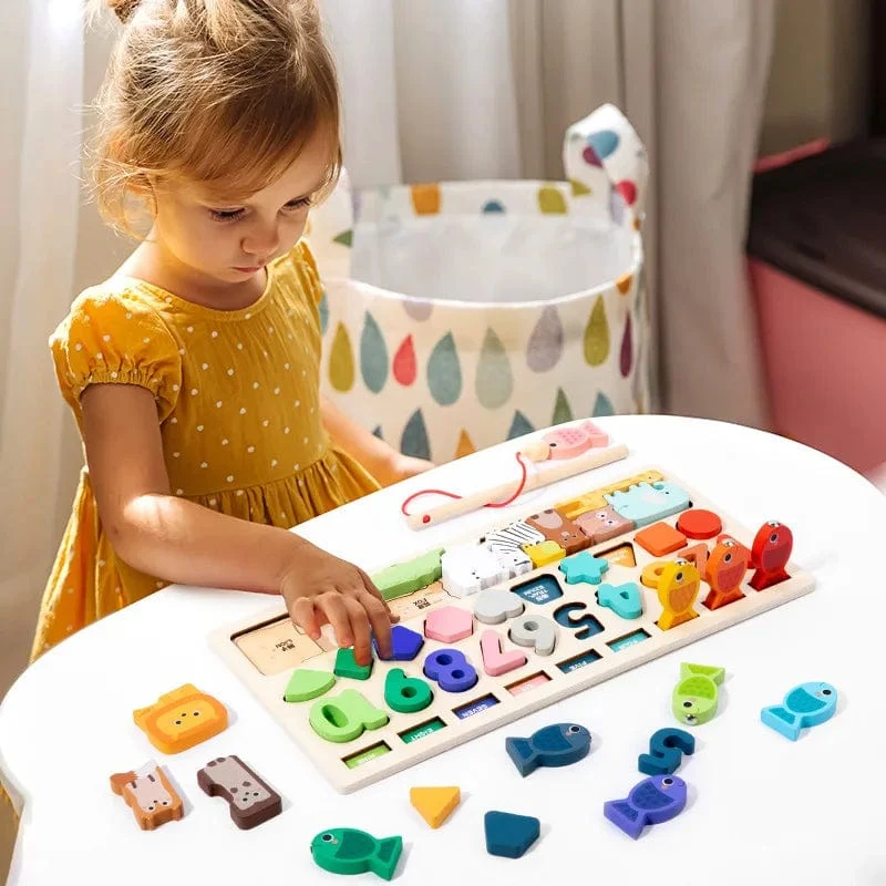 Montessori-Spielzeug für Kleinkinder, Form- und Zahlenabgleich, Angelspiel, Tierpuzzle, um die Feinmotorik von Jungen und Mädchen zu trainieren