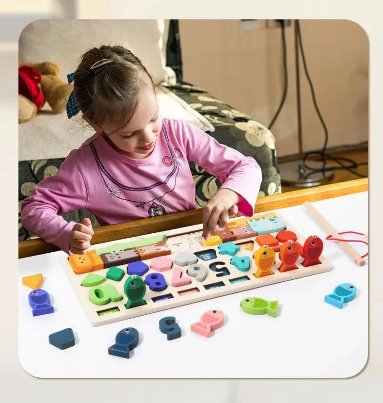 Montessori-Spielzeug für Kleinkinder, Form- und Zahlenabgleich, Angelspiel, Tierpuzzle, um die Feinmotorik von Jungen und Mädchen zu trainieren