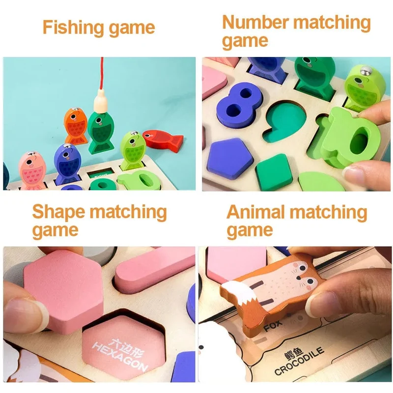Montessori-Spielzeug für Kleinkinder, Form- und Zahlenabgleich, Angelspiel, Tierpuzzle, um die Feinmotorik von Jungen und Mädchen zu trainieren