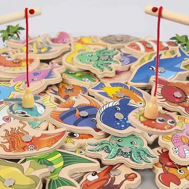 Montessori Holz Magnetischen Angeln Spielzeug für Baby Cartoon Marine Leben Kognition Fisch Spiele Bildung Eltern-kind-Interaktive