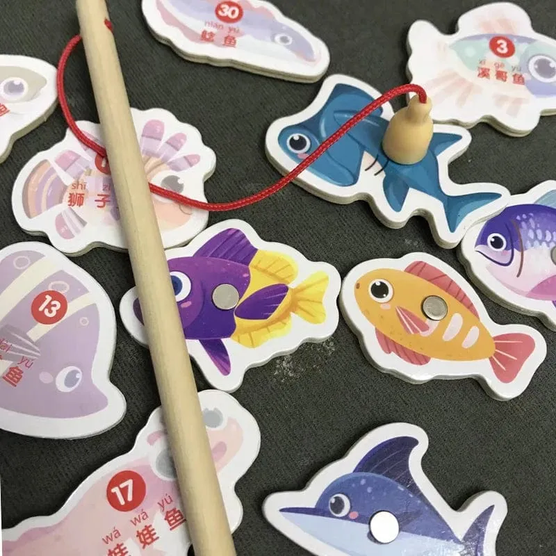 Montessori Holz Magnetischen Angeln Spielzeug für Baby Cartoon Marine Leben Kognition Fisch Spiele Bildung Eltern-kind-Interaktive