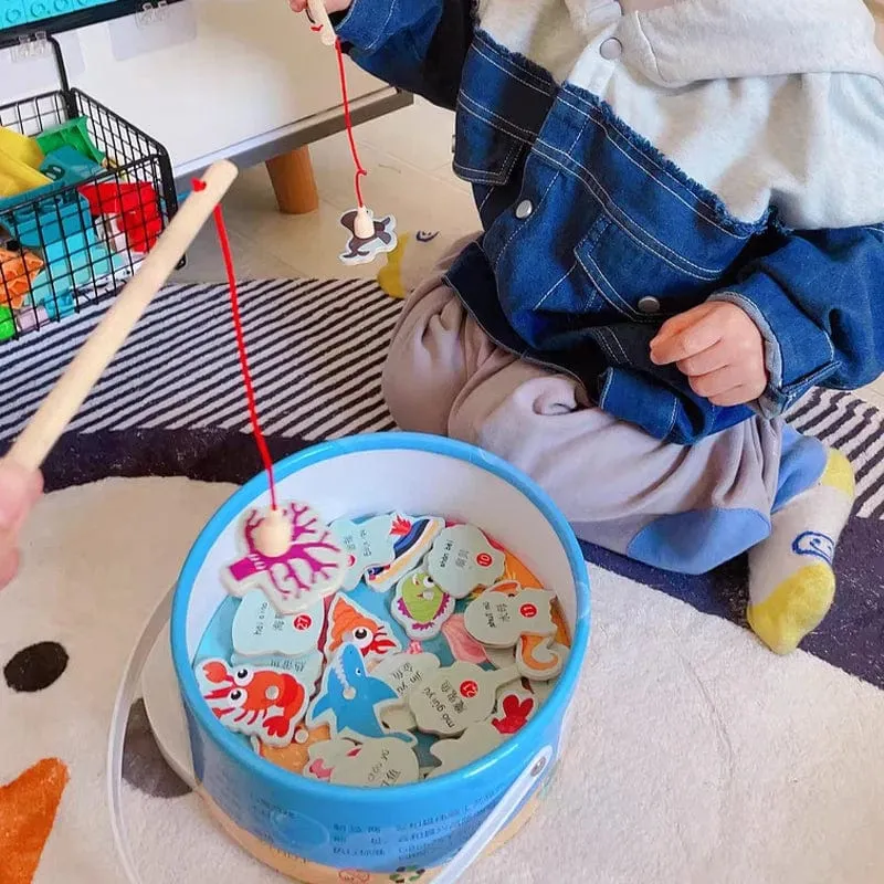 Montessori Holz Magnetischen Angeln Spielzeug für Baby Cartoon Marine Leben Kognition Fisch Spiele Bildung Eltern-kind-Interaktive