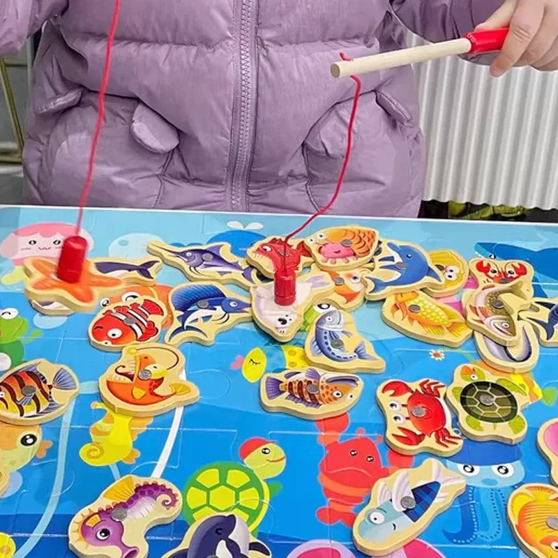 Montessori Holz Magnetischen Angeln Spielzeug für Baby Cartoon Marine Leben Kognition Fisch Spiele Bildung Eltern-kind-Interaktive