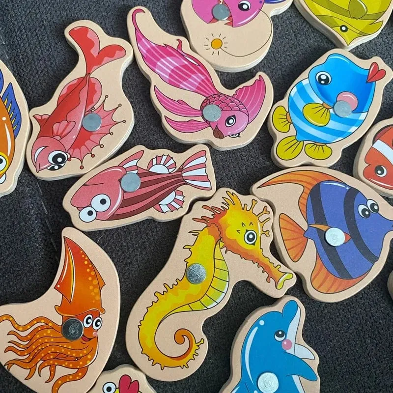 Montessori Holz Magnetischen Angeln Spielzeug für Baby Cartoon Marine Leben Kognition Fisch Spiele Bildung Eltern-kind-Interaktive