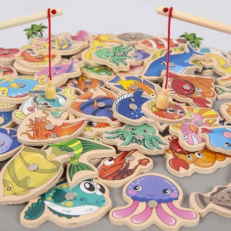 Montessori Holz Magnetischen Angeln Spielzeug für Baby Cartoon Marine Leben Kognition Fisch Spiele Bildung Eltern-kind-Interaktive