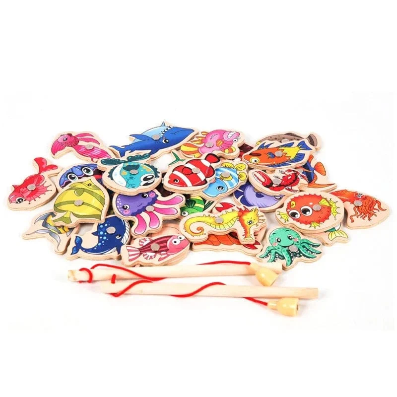 Montessori Holz Magnetischen Angeln Spielzeug für Baby Cartoon Marine Leben Kognition Fisch Spiele Bildung Eltern-kind-Interaktive