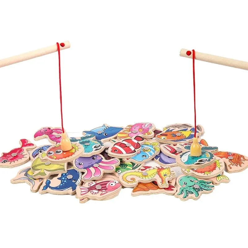 Montessori Holz Magnetischen Angeln Spielzeug für Baby Cartoon Marine Leben Kognition Fisch Spiele Bildung Eltern-kind-Interaktive