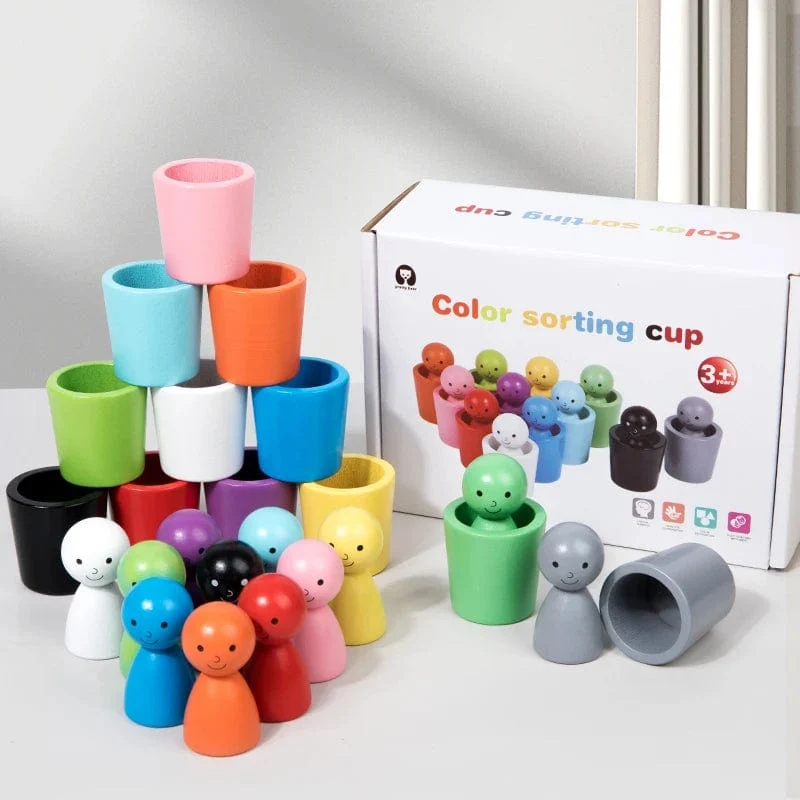 Montessori-Farbsortierspielzeug, Farbabstimmungs-Sensorikspiel, Holzsteckpuppen in Bechern, Lernspielzeug für die Früherziehung für Kleinkinder ab 3 Jahren