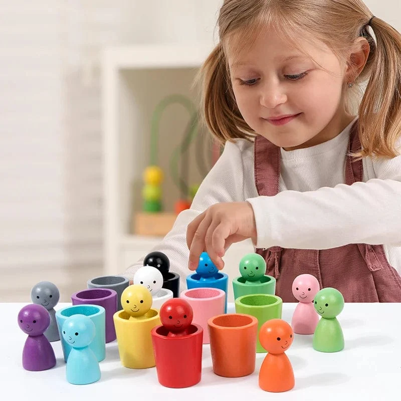 Montessori-Farbsortierspielzeug, Farbabstimmungs-Sensorikspiel, Holzsteckpuppen in Bechern, Lernspielzeug für die Früherziehung für Kleinkinder ab 3 Jahren