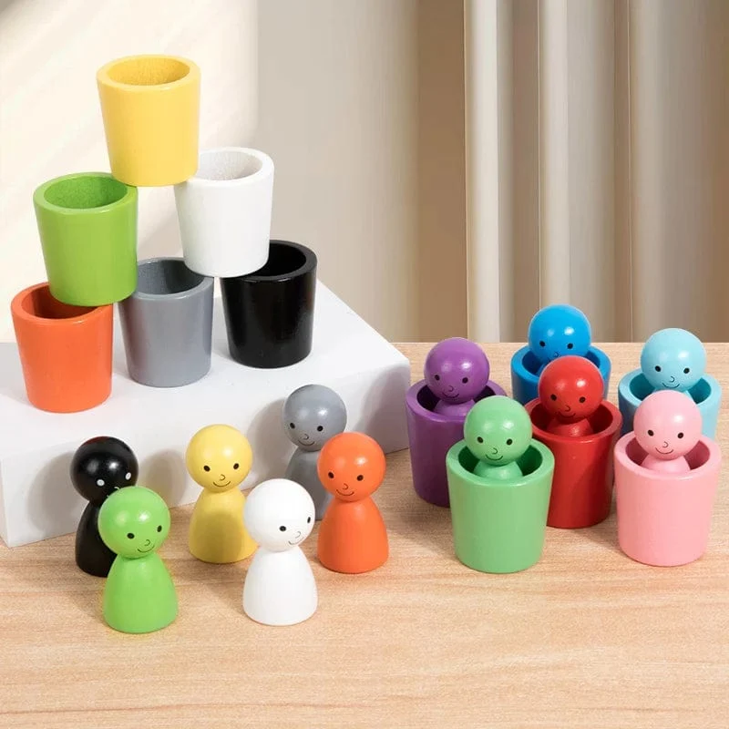 Montessori-Farbsortierspielzeug, Farbabstimmungs-Sensorikspiel, Holzsteckpuppen in Bechern, Lernspielzeug für die Früherziehung für Kleinkinder ab 3 Jahren