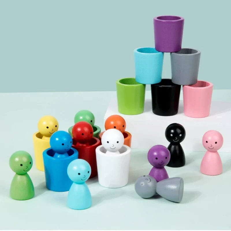 Montessori-Farbsortierspielzeug, Farbabstimmungs-Sensorikspiel, Holzsteckpuppen in Bechern, Lernspielzeug für die Früherziehung für Kleinkinder ab 3 Jahren