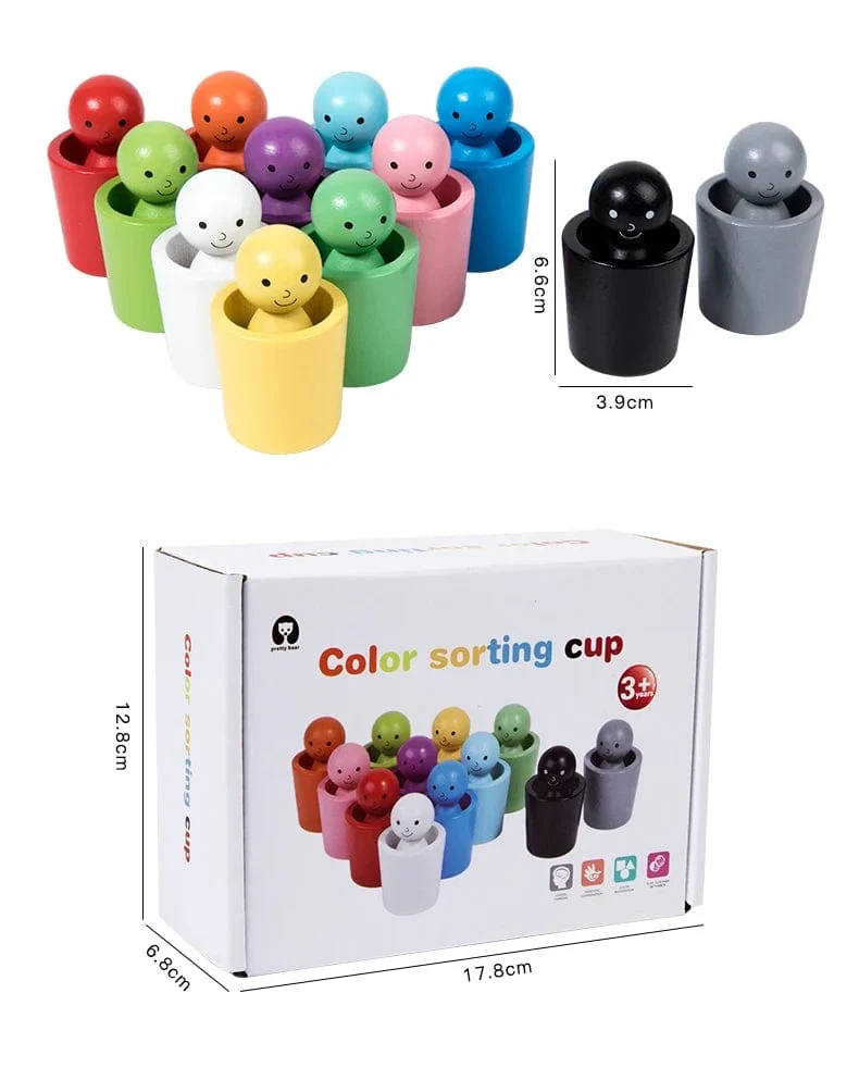 Montessori-Farbsortierspielzeug, Farbabstimmungs-Sensorikspiel, Holzsteckpuppen in Bechern, Lernspielzeug für die Früherziehung für Kleinkinder ab 3 Jahren