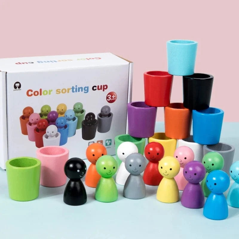 Montessori-Farbsortierspielzeug, Farbabstimmungs-Sensorikspiel, Holzsteckpuppen in Bechern, Lernspielzeug für die Früherziehung für Kleinkinder ab 3 Jahren