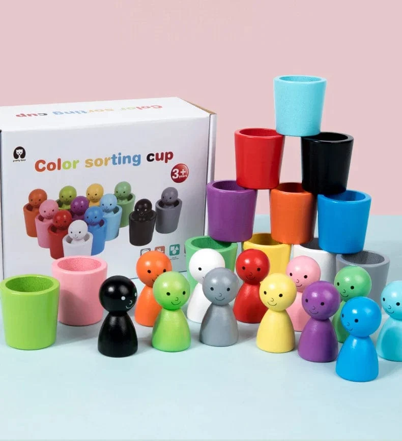 Montessori-Farbsortierspielzeug, Farbabstimmungs-Sensorikspiel, Holzsteckpuppen in Bechern, Lernspielzeug für die Früherziehung für Kleinkinder ab 3 Jahren