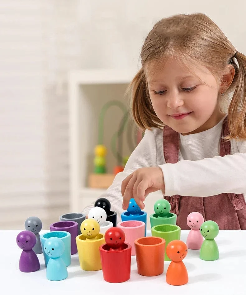 Montessori-Farbsortierspielzeug, Farbabstimmungs-Sensorikspiel, Holzsteckpuppen in Bechern, Lernspielzeug für die Früherziehung für Kleinkinder ab 3 Jahren