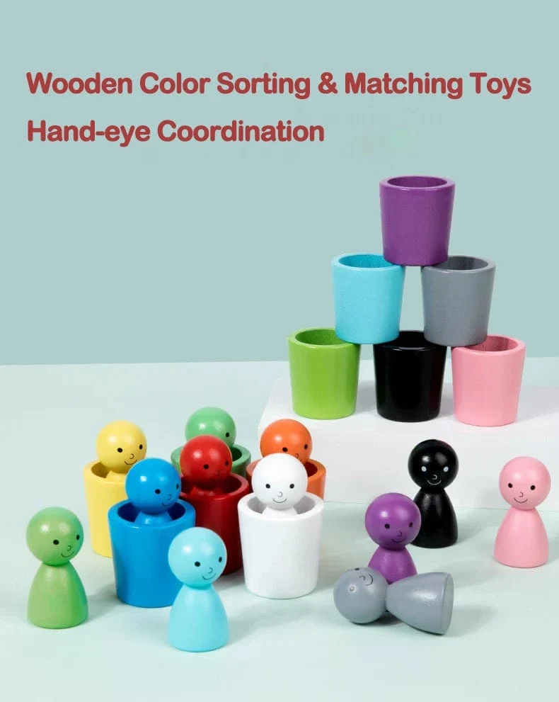 Montessori-Farbsortierspielzeug, Farbabstimmungs-Sensorikspiel, Holzsteckpuppen in Bechern, Lernspielzeug für die Früherziehung für Kleinkinder ab 3 Jahren