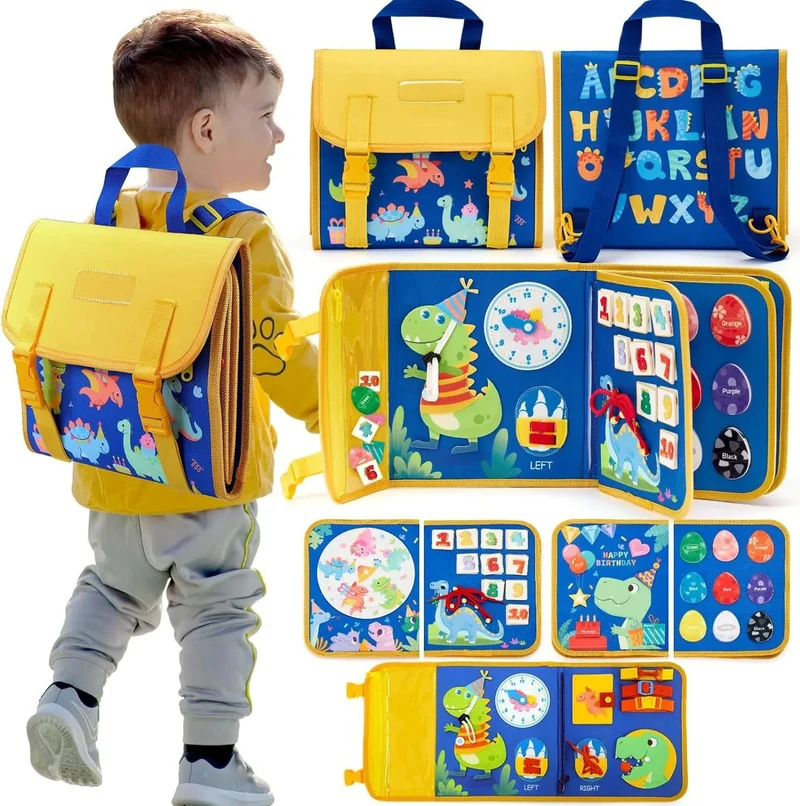 Montessori-Spielzeug für Kleinkinder, Lern- und Lernaktivitäten, Reisespielzeug, Dinosaurier, Ankleiden, sensorischer Rucksack für das Leben