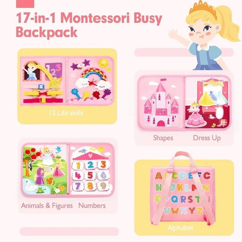 Montessori-Spielzeug für Kleinkinder, Lern- und Lernaktivitäten, Reisespielzeug, Dinosaurier, Ankleiden, sensorischer Rucksack für das Leben
