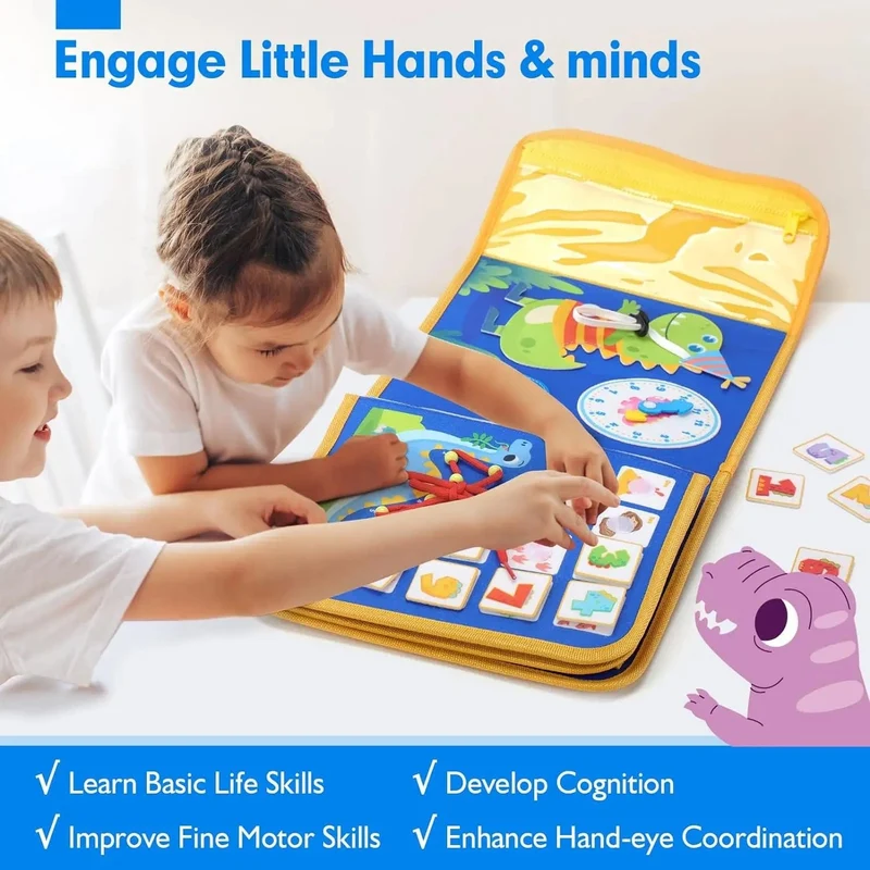 Montessori-Spielzeug für Kleinkinder, Lern- und Lernaktivitäten, Reisespielzeug, Dinosaurier, Ankleiden, sensorischer Rucksack für das Leben