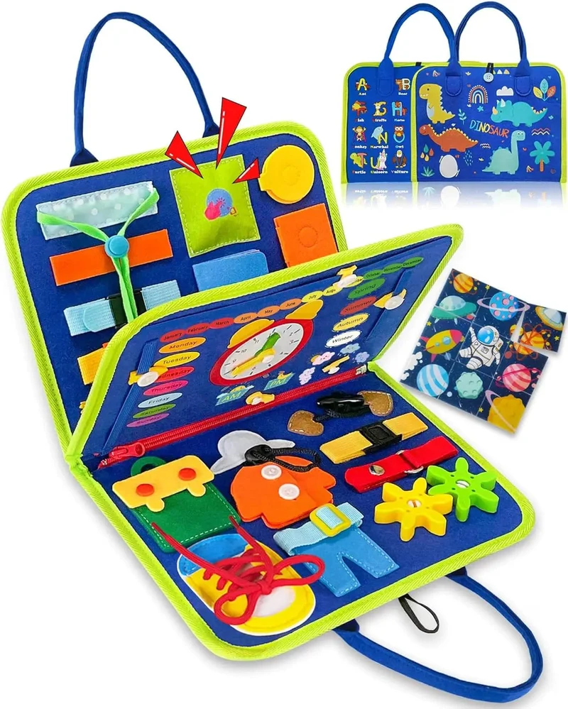 Montessori-Spielzeug für Kleinkinder, Lern- und Lernaktivitäten, Reisespielzeug, Dinosaurier, Ankleiden, sensorischer Rucksack für das Leben