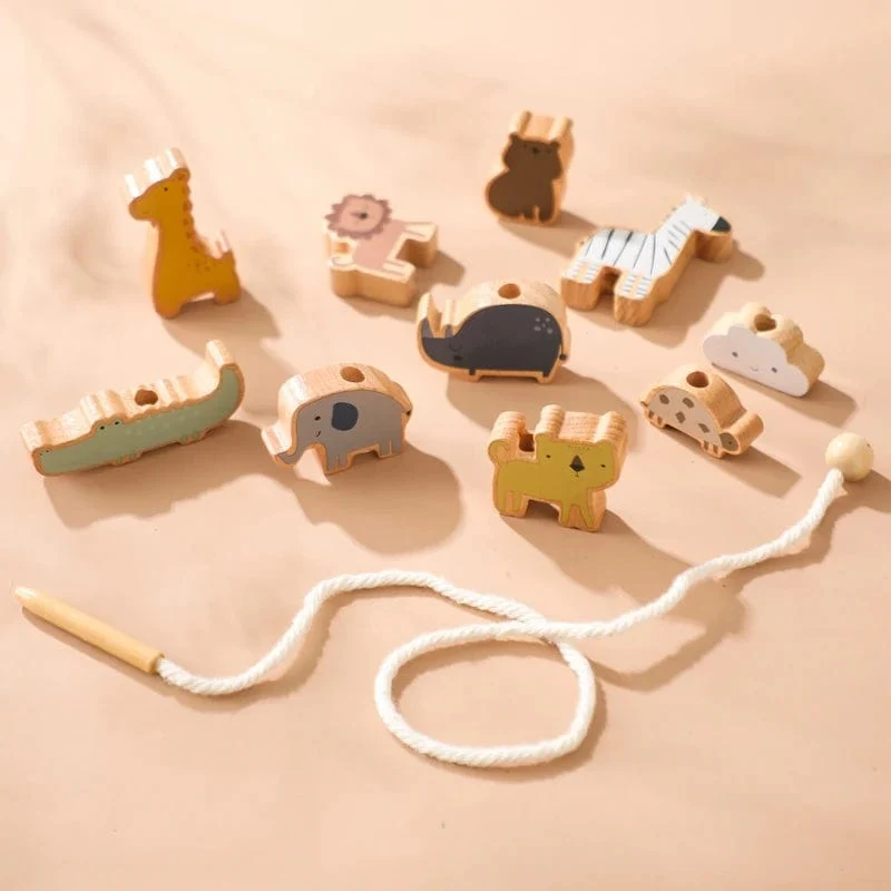 Holzspielzeug zum Einfädeln von Tierbabys, Blöcke, Brettspiele, Stapelspielzeug, Montessori, praktische Fähigkeiten, pädagogische Kinderblöcke, Geschenke