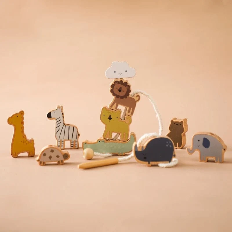 Holzspielzeug zum Einfädeln von Tierbabys, Blöcke, Brettspiele, Stapelspielzeug, Montessori, praktische Fähigkeiten, pädagogische Kinderblöcke, Geschenke